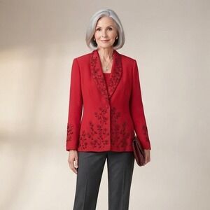 Vtg Ben Marc‎ International Womans Red Heavily Beaded Button Blazer Size 14 Read